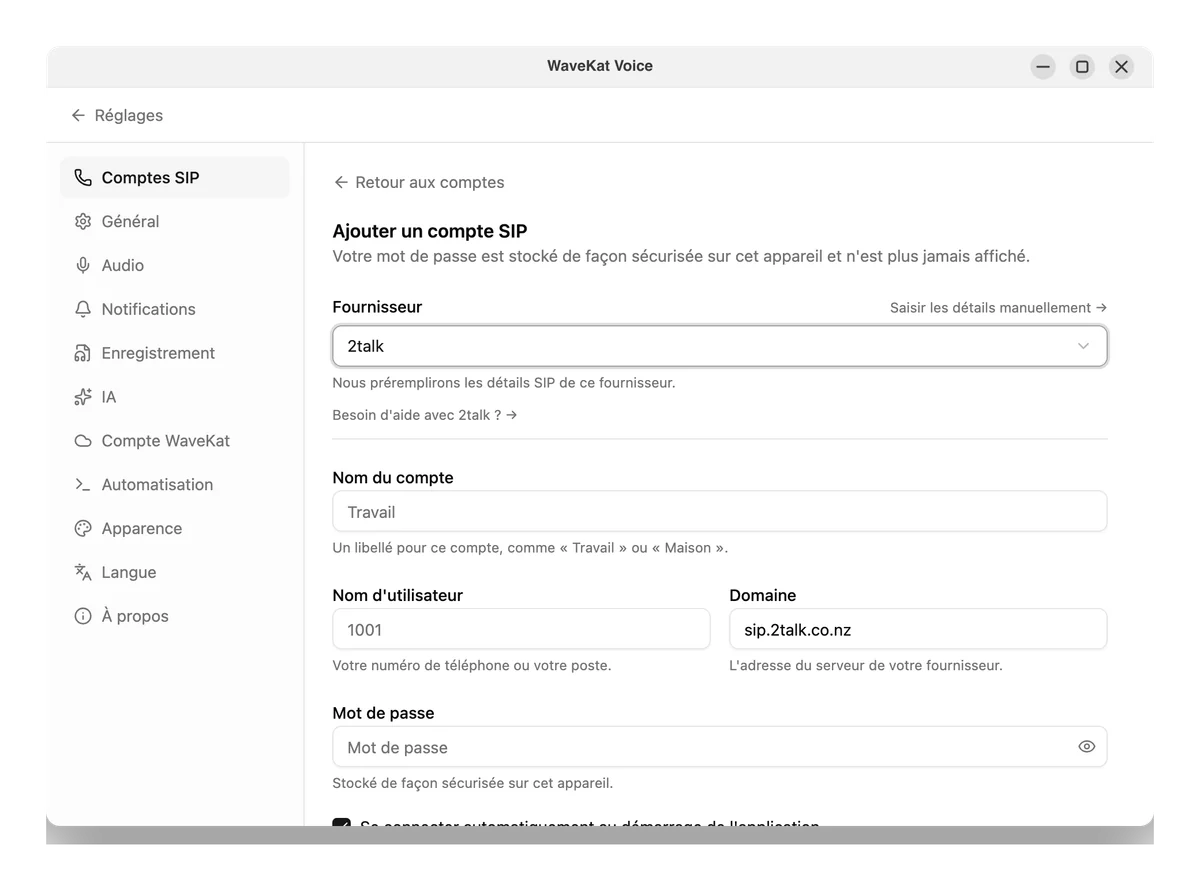 Saisissez votre numéro de téléphone 2talk et son mot de passe SIP.