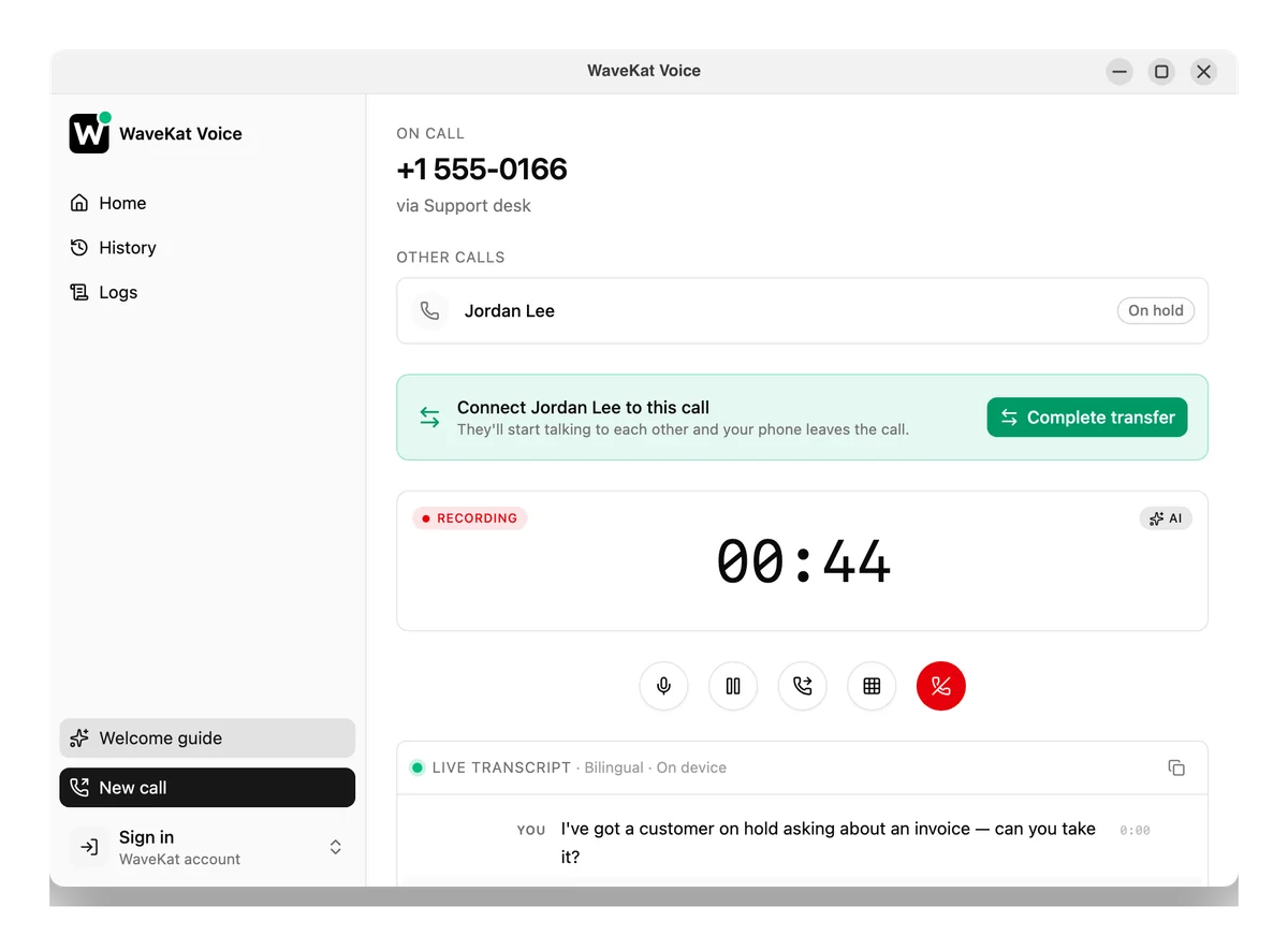 WaveKat Voice on Ubuntu — an attended transfer: the caller on hold and a Complete transfer button to connect them.
