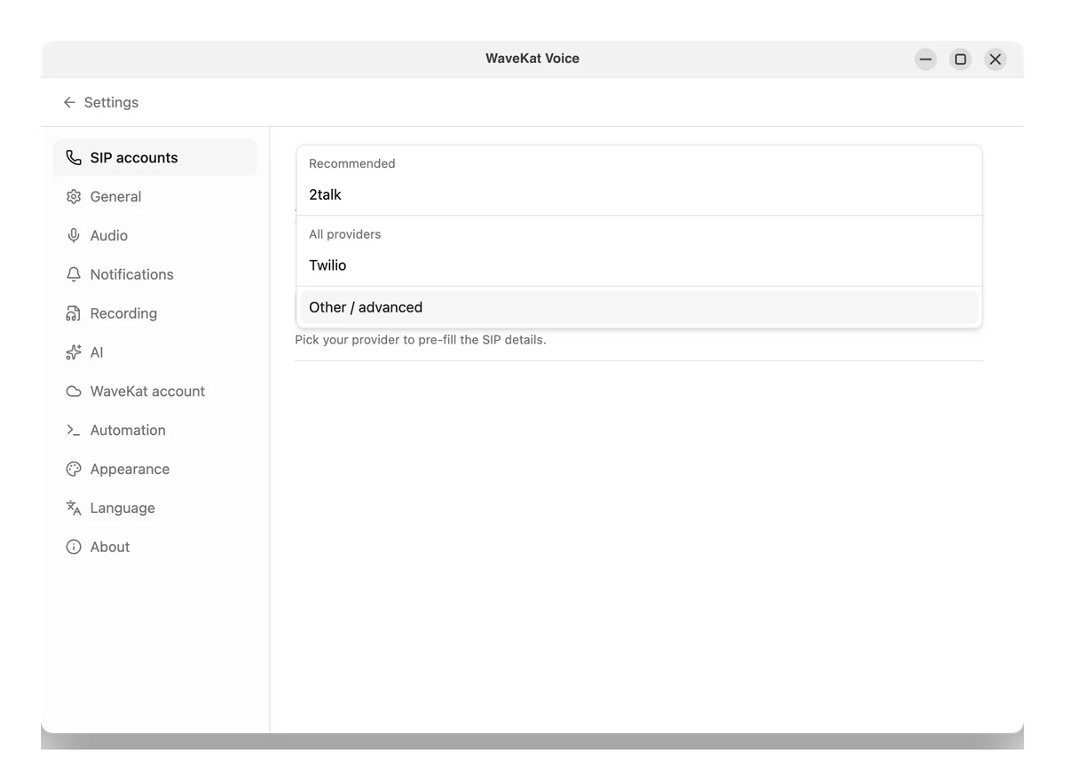 Add an account and choose 2talk from the provider list.
